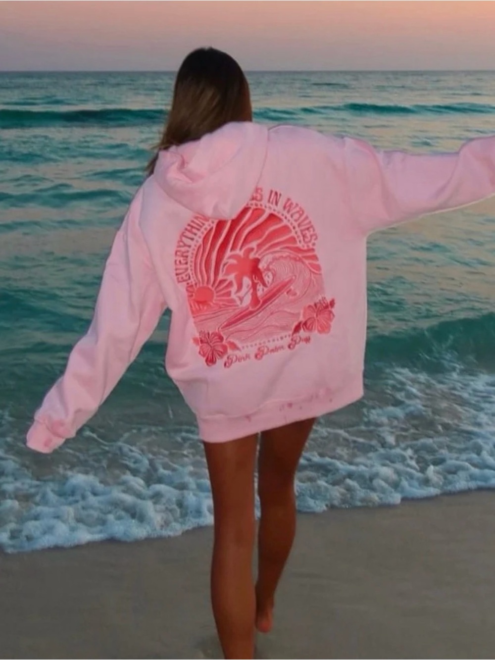 Pink Palm Puff “Everything Comes in Waves” Embroidered Hoodie Pink XS